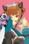  bare_shoulders black_legwear brown_eyes brown_hair detached_sleeves fang gunslinger_stratos horns long_sleeves looking_at_viewer navel open_mouth rindo_sidune short_hair skirt solo stuffed_animal stuffed_toy teddy_bear thighhighs yuuki_(irodo_rhythm) 