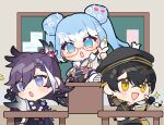  1girl 2boys :d :o banzoin_hakka banzoin_hakka_(1st_costume) black_hair black_hands black_hat blonde_hair blue_hair blush blush_stickers braid braided_bangs bulletin_board calligraphy_brush chibi chibi_only classroom colored_extremities desk double_bun feather_hair_ornament feathers foot_on_table fur_scarf glasses hair_bun hair_ornament hair_ribbon hairclip hat highres holding holding_brush holding_notepad hololive hololive_indonesia holostars holostars_english indoors japanese_clothes kimono kobo_kanaeru kobo_kanaeru_(new_year) kouhaku_nawa kurogareki long_hair multicolored_hair multiple_boys notepad notice_lines official_alternate_costume open_mouth paintbrush pointing ponytail purple_hair purple_nails red-framed_eyewear red_ribbon ribbon rope round_eyewear sailor_hat school_desk shimenawa single_hair_streak smile sparkle virtual_youtuber white_hair yatogami_fuma yatogami_fuma_(2nd_costume) yellow_eyes 