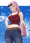  1girl armpit_crease artist_name bare_shoulders belt belt_buckle black_bow black_bra black_panties blue_eyes blunt_bangs bow bra bra_peek breasts brown_belt buckle can carlo_montie cloud cloudy_sky cowboy_shot crop_top day denim earrings english_commentary eyelashes fingernails from_below fujiwara_chika hair_bow hand_on_own_hip highres holding holding_can incoming_drink jeans jewelry kaguya-sama_wa_kokurasetai_~tensai-tachi_no_renai_zunousen~ large_breasts light_blush looking_down midriff monster_energy navel necklace open_mouth outdoors panties pants panty_peek pink_hair ponytail raised_eyebrows red_shirt shirt sky smile solo sweat underwear 