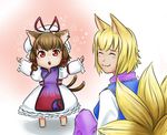  ^_^ alternate_hairstyle chen child closed_eyes cosplay free-cassettes multiple_girls no_hat no_headwear smile touhou twintails yakumo_ran yakumo_yukari yakumo_yukari_(cosplay) 