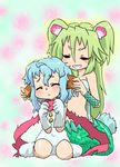  :&lt; =_= animal_ears ear_fondling fluff green_hair grin hair_ornament long_hair mermaid monster_girl multiple_girls muromi-san namiuchigiwa_no_muromi-san ohyo seashell shell smile twintails two_side_up yeti_(muromi-san) 