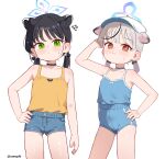  2girls alternate_costume alternate_hairstyle animal_ear_fluff animal_ears arm_up artist_name black_choker black_hair black_streaks blue_archive blue_buruma blue_camisole blue_choker blue_halo blue_shorts blush breasts buruma cameltoe camisole choker commentary_request denim denim_shorts extra_ears flying_sweatdrops green_eyes grey_hair halo hand_on_own_head hand_on_own_hip highres kokona_(blue_archive) looking_at_viewer multicolored_hair multiple_girls narrow_hips short_hair short_twintails shorts shun_(blue_archive) shun_(small)_(blue_archive) simple_background small_breasts small_sweatdrop sseopik streaked_hair tiger_ears tiger_girl twintails white_background yellow_camisole 