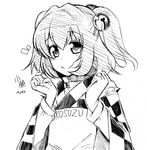  apron bell character_name clothes_writing greyscale hair_bell hair_ornament japanese_clothes monochrome motoori_kosuzu smile touhou tsuji_kazuho two_side_up upper_body wide_sleeves 