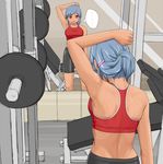  armpits bike_shorts blue_hair gavinekov pixiv_thumbnail red_eyes resized sports_bra sweat 