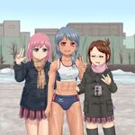  3girls abs blue_hair brown_hair camera drooling gavinekov multiple_girls muscle pink_hair 