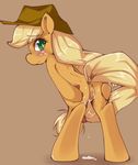  &lt;3 anus applejack_(mlp) blonde_hair blush cowboy_hat cum cum_in_pussy cum_inside cutie_mark equine female feral freckles friendship_is_magic green_eyes hair hat horse hua113 looking_at_viewer looking_back mammal my_little_pony orange_body plain_background pony presenting pussy smile solo 