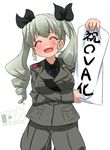  :d ^_^ anchovy announcement_celebration anzio_military_uniform banner black_shirt blush breasts closed_eyes dress_shirt drill_hair fang girls_und_panzer green_hair grey_jacket grey_pants hair_ribbon inaka_keikou jacket long_hair long_sleeves medium_breasts military military_uniform necktie open_mouth pants ribbon shirt shoulder_belt sidelocks smile solo tears twin_drills twintails uniform 