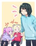  +++ 3girls ahoge anyoji_hime black_pants blue_hoodie border chair clenched_teeth commentary_request fang feet_out_of_frame grin hair_intakes highres hood hood_down hoodie kan_kanna kurusu_rin link!_like!_love_live! long_sleeves love_live! momose_ginko multiple_girls on_chair open_mouth osawa_rurino outside_border pants peanut_mouth purple_hoodie red_hoodie sakurai_hina seeno_de!_hasu_no_sora! shout_lines simple_background sitting smile standing tamagoyakishion teeth virtual_youtuber voice_actor_connection white_border yellow_background 