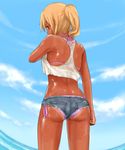  1girl ass bikini blonde_hair gavinekov ocean original red_eyes short_hair shorts solo swimsuit tan tanline water 