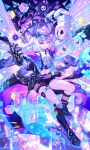  1girl absurdres bare_shoulders belt black_coat black_gloves black_shoes black_shorts black_socks chinese_commentary coat commentary_request cropped_shirt crossed_bangs cube drill_hair eyewear_on_head fingerless_gloves fishnet_kneehighs full_body gloves grey_hair hair_between_eyes highres honkai:_star_rail honkai_(series) jacket knee_pads long_hair mechanical_gloves mechanical_tail navel open_clothes open_jacket open_mouth ponytail purple_eyes shirt shoes shorts silver_wolf_(honkai:_star_rail) silver_wolf_(lv.999)_(honkai:_star_rail) single_fingerless_glove single_knee_pad single_mechanical_glove single_sock smile socks solo tail thigh_strap tinted_eyewear twin_drills very_long_hair viclim-monou white_shirt 