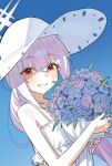  1girl atsuko_(blue_archive) atsuko_(swimsuit)_(blue_archive) bare_shoulders bikini blue_archive blue_flower blue_sky blush bouquet commentary_request day flower grin hair_between_eyes halo hat highres holding holding_bouquet holypotato0 korean_commentary long_hair looking_at_viewer outdoors ponytail purple_flower purple_hair red_eyes sky smile solo sun_hat swimsuit upper_body very_long_hair white_bikini white_hat 