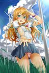  bad_id bad_pixiv_id cloud cloudy_sky day fang grass green_eyes highres kousaka_kirino kukkumann long_hair orange_hair ore_no_imouto_ga_konna_ni_kawaii_wake_ga_nai panties pantyshot pleated_skirt school_uniform serafuku skirt sky solo underwear wind_turbine windmill 