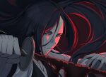  1girl absurdres bankai black_hair black_hakama black_kimono bleach blood blood_drip blood_on_weapon blood_sword breasts cleavage commentary_request excessive_blood grey_eyes hair_between_breasts hakama haori highres holding holding_sword holding_weapon japanese_clothes katana kimono korean_commentary long_hair long_sleeves minazuki_(bankai) parted_bangs scar scar_on_chest smile solo sword unohana_retsu weapon white_haori yogert_chip zanpakutou 