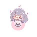  1girl :d blush bottle_cap chibi chibi_only commentary decrilus double-parted_bangs dress english_commentary full_body grey_hair highres hololive hololive_english koseki_bijou long_hair mini_person minigirl open_mouth outstretched_arms simple_background smile solo spread_arms standing virtual_youtuber white_background white_dress 