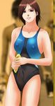  brown_hair bulge competition_swimsuit erect_nipples futanari highres one-piece_swimsuit short_hair swimsuit 