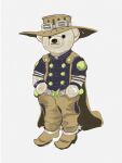  belt belt_buckle black_shirt brown_hat brown_pants buckle cape commentary_request cowboy_hat full_body grey_belt gyro_zeppeli hat highres holding jojo_no_kimyou_na_bouken pants serious shirt short_sleeves solo spurs standing steel_ball_run studded_belt stuffed_animal stuffed_toy teddy_bear usabeeeam2 white_background wristband 
