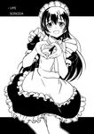  absurdres apron bad_id bad_pixiv_id blush character_name dress greyscale heart heart_hands highres kanna_kanaki long_hair looking_at_viewer love_live! love_live!_school_idol_project maid maid_headdress monochrome open_mouth ribbon solo sonoda_umi standing sweatdrop 