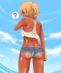  1girl ? ass bikini blonde_hair gavinekov ocean original red_eyes short_hair shorts solo swimsuit tan tanline water 