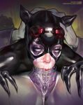  1boy 1girl animal_ears batman_(series) black_bodysuit bodysuit catwoman cum dc_comics deepthroat fake_animal_ears fellatio goggles goggles_on_head hetero irrumatio joker_(dc) makeup oral penis rape runny_makeup sabu_(sabudenego) shiny_clothes shiny_skin tears torn_bodysuit torn_clothes 