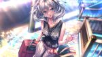  1girl amakano_2 bead_bracelet beads black_ribbon black_shirt blue_eyes blush bracelet breasts closed_mouth clothes_writing collarbone day game_cg grey_hair hair_between_eyes hair_ribbon highres holding holding_suitcase jewelry jigokudani_sara large_breasts looking_at_viewer medium_hair mole mole_under_eye non-web_source official_art outdoors pants piromizu pov ribbon rolling_suitcase self-datamine shadow shirt sleeveless sleeveless_shirt standing suitcase sunlight twintails variant_set white_pants 