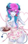  1girl absurdres apron ass bandaid bandaid_on_face bandaid_on_nose blue_eyes blue_hair blue_tongue bowl braid braided_ponytail breasts chocolate chocolate_on_body chocolate_on_breasts cleavage colored_skin colored_tongue commentary demon_girl demon_horns demon_tail english_commentary fangs food food_on_body fream_(vtuber) fruit grey_skin heterochromia highres holding holding_bowl horns indie_virtual_youtuber large_breasts looking_at_viewer multicolored_hair naked_apron necrotenshi pink_eyes pink_hair sideboob strawberry tail thighhighs thighs virtual_youtuber white_background white_thighhighs 