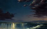  absurdres blue_sky commentary dusk english_commentary gradient_sky highres landscape no_humans ocean original outdoors painterly philipp_urlich scenery signature sky storm_cloud sunlight water waterfall yellow_sky 