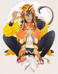  2boys absurdres animal_ears animal_hat braid brown_background brown_hair cheka_kingscholar child chinese_zodiac claw_pose commentary_request con_potata dark-skinned_male dark_skin full_body green_eyes hat highres jacket knees_up leona_kingscholar lion_boy lion_ears lion_tail male_focus mittens multiple_boys new_year open_mouth orange_hair scar scar_across_eye scar_on_face sitting sitting_between_legs tail tiger_hat twin_braids twisted_wonderland uncle_and_nephew year_of_the_tiger yellow_jacket 