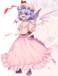 bat_wings blue_hair dress hands_on_hips hat kaiza_(rider000) open_mouth red_eyes remilia_scarlet short_hair smile solo touhou wings zoom_layer 