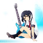  alternate_costume black_hair black_legwear brown_eyes electric_guitar guitar instrument k-on! long_hair looking_at_viewer nakano_azusa necktie pleated_skirt plectrum shian_(my_lonly_life.) skirt smile solo twintails 