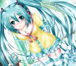  aqua_eyes aqua_hair arms_behind_back breasts cleavage frilled_skirt frills hatsune_miku jewelry kneeling long_hair medium_breasts necklace nohoho_(kakikonchi) skirt smile solo striped striped_legwear thighhighs twintails vocaloid 