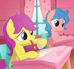  blue_eyes blue_hair blush bonbon_(mlp) cheating cub cutie_mark duo equestria-prevails equine female feral friendship_is_magic fur hair horse mammal melody_(mlp) my_little_pony pink_fur pony pupil purple_hair school student sweat test yellow_fur young 