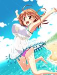  :d armpits bad_id bad_pixiv_id barefoot beach bikini bikini_under_clothes blush bouncing_breasts breasts brown_eyes brown_hair cloud day dress hataraku_maou-sama! highres kamina_a8ru large_breasts light_rays navel one_eye_closed open_mouth outdoors sasaki_chiho see-through short_hair sky smile solo sunbeam sundress sunlight swimsuit swimsuit_under_clothes twintails two_side_up 