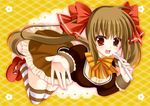  bad_id bad_pixiv_id blush brown_hair choker dress drinking_straw frilled_skirt frills hair_ribbon long_hair mameyarou open_mouth ribbon ribbon_choker shoes skirt smile solo striped striped_legwear thighhighs twintails yellow_eyes yukico-tan yukijirushi zettai_ryouiki 