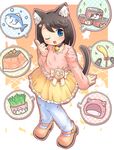  ;d animal_ears bad_id bad_pixiv_id bell bell_collar black_hair blue_eyes blush bow bubble cat cat_ears cat_food cat_tail cat_teaser collar fish food fruit grass hair_ornament hairclip index_finger_raised kotatsu lingerie long_sleeves mandarin_orange mary_janes mizuno_mumomo one_eye_closed open_mouth original pantyhose shoes skirt smile solo sparkle star table tail underwear white_legwear 