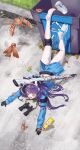  >_< 1girl accident afterimage animal_ear_hairband animal_ears arrow_(symbol) ass binoculars bird black_gloves black_hair blue_archive blue_halo blue_serafuku blue_shirt blue_skirt blunt_bangs blush brown_bird closed_eyes clothes_lift commentary day fake_animal_ears feet flying from_above full_body furrowed_brow gloves gun hair_spread_out hairband halo highres knee_pads leaf leaf_on_head legs legs_up long_hair long_sleeves lying midriff miniskirt miyu_(blue_archive) no_shoes on_ground on_stomach open_mouth outdoors pantyhose pleated_skirt rabbit_ear_hairband rabbit_ears recycling_symbol rifle road sailor_collar school_uniform serafuku shirt shoe_soles shoes sidelocks single_knee_pad single_shoe skirt skirt_lift soles solo suou_makoto tearing_up thighs toes trash_can wavy_mouth weapon white_hairband white_pantyhose white_sailor_collar 