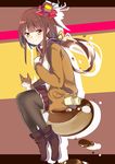  black_legwear boots brown_hair cat coffee cup hair_ornament haruyuki_(yukichasoba) long_hair looking_at_viewer pantyhose ponytail sitting skirt smile solo sweater teacup very_long_hair yellow_eyes yukico-tan yukijirushi 