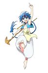  aladdin_(magi) arm_up bad_id bad_pixiv_id barefoot blue_eyes blue_hair braid dalc_rose feet flute full_body instrument long_hair looking_at_viewer magi_the_labyrinth_of_magic male_focus midriff open_mouth simple_background single_braid solo staff turban white_background 