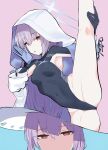 1girl absurdres armpits atsuko_(blue_archive) atsuko_(swimsuit)_(blue_archive) blue_archive breasts commentary_request flexible halo hat highres holding_own_leg hood hood_up jacket kneepits leg_lift leg_up leotard long_hair long_sleeves looking_at_viewer maro4ka multiple_views open_mouth purple_hair red_eyes simple_background small_breasts split standing standing_on_one_leg standing_split thighs white_halo white_hood white_jacket 