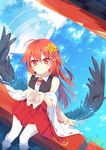  ahoge bad_id bad_pixiv_id cupping_hands detached_sleeves feathered_wings from_above highres looking_at_viewer looking_up nibiiro_shizuka original pleated_skirt red_eyes red_hair skirt soaking_feet solo thighhighs w_arms white_legwear wings youkai zettai_ryouiki 