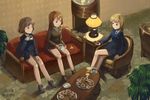  blonde_hair blue_eyes brown_hair cecilia_e_harris chair charlotte_e_yeager coffee couch crossed_legs cup doughnut food highres kanokoga lamp marian_e_carl military military_uniform multiple_girls noble_witches plant plate shoes sitting strike_witches table teacup uniform world_witches_series 