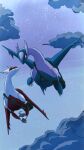  10ma10dantali0n bag castform castform_(normal) cloud full_body latias latios looking_at_another no_humans pokemon pokemon_(creature) red_eyes sky smile twilight 