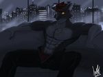  abs amber_eyes avielsusej biceps bulge canine city clothed clothing hair half-dressed looking_at_viewer male muscles necklace night pecs reclining red_hair sofa solo trousers underwear wolf 