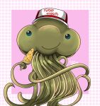  alien baseball_cap blue_eyes colored_skin corn fatal_fury_cap hat highres holding jellyfish looking_at_viewer mars_people metal_slug no_humans signature simple_background siriusdibujotos smile snk solo tentacles 