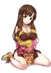  bag blush breast_hold breasts brown_eyes brown_hair cleavage jewelry large_breasts long_hair looking_at_viewer matsuryuu navel necklace parted_lips saaya_(suisei_no_gargantia) sandals satchel simple_background sitting smile solo suisei_no_gargantia wariza white_background 
