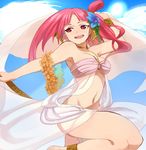  anklet armpits bad_id bad_pixiv_id bare_legs bracelet dancer dancing flower hair_flower hair_ornament harem_outfit jerun jewelry lei long_hair magi_the_labyrinth_of_magic midriff morgiana navel necklace one_side_up red_eyes red_hair solo veil 