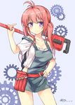  ahoge artist_name belt blush breasts cleavage combination_wrench gears hand_on_hip highres long_hair medium_breasts original overalls pink_eyes red_hair signature solo strap_slip terras twintails wrench 