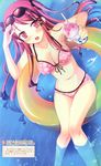  1girl absurdres bare_shoulders bikini blush female floating food glasses hair_ornament hairclip highres ice_cream innertube ko~cha long_hair looking_up open_mouth red_eyes red_hair smile solo sunglasses swimsuit twintails water wet 