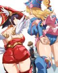  1boy 2girls adjusting_clothes adjusting_leotard apple_magician_girl arm_up ass back bare_shoulders black_hair blonde_hair blue_boots blue_gloves blue_leotard blurry blurry_background boots breasts brown_eyes cameltoe capelet commentary commentary_request dark_magician_girl dress duel_monster elbow_gloves facing_away feathered_wings from_behind garter_straps gloves hat holding holding_staff kaiba_seto large_breasts leotard long_hair looking_at_viewer looking_back median_furrow multiple_girls naha78 off_shoulder panties panty_peek pink_capelet pink_skirt red_gloves red_hat red_panties red_thighhighs short_dress short_hair shoulder_blades simple_background skirt staff thighhighs thighs underwear white_background wings wizard_hat yu-gi-oh! 