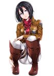  bad_id bad_pixiv_id black_hair blue_eyes boots emblem jacket mikasa_ackerman paradis_military_uniform scarf shingeki_no_kyojin short_hair sitting solo survey_corps_(emblem) yuna_(rutera) 