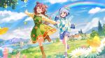  2girls :d ^_^ absurdres airplane_arms amane_kanata angel_wings animal_ears apron belt black_shorts blue_hair blue_sky blue_sweater_vest bob_cut bone_hair_ornament boots braid brown_belt brown_boots brown_collar brown_hair brown_tail closed_eyes cloud collar colored_inner_hair commentary_request dog_ears dog_girl dog_tail double-parted_bangs dress falling_petals feathered_wings full_body gradient_wings green_apron grey_hair hair_between_eyes hair_ornament hairclip halo highres hololive inugami_korone knee_boots layered_sleeves long_hair long_sleeves low_twin_braids mini_wings multicolored_hair multicolored_wings multiple_girls official_art open_mouth outdoors outstretched_arms petals pink_shoes pink_streaks purple_eyes rainbow running shirt shoes short_hair short_over_long_sleeves short_sleeves shorts single_hair_intake sky smile sneakers spread_arms star_halo streaked_hair sweater_vest tail tilted_halo tsubameno twin_braids virtual_youtuber white_shirt white_wings wings yellow_dress 